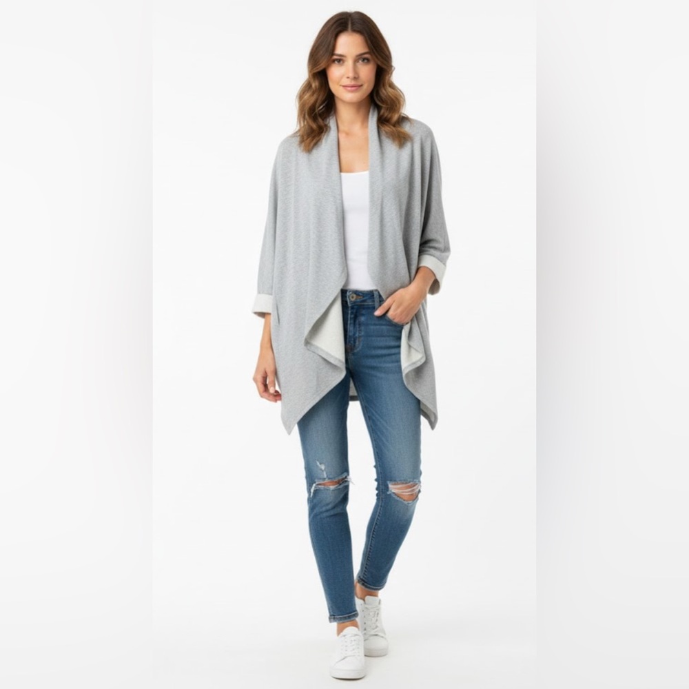 Eileen Fisher Gray Asymmetrical Open Front Organic Cotton Cardigan Size Large